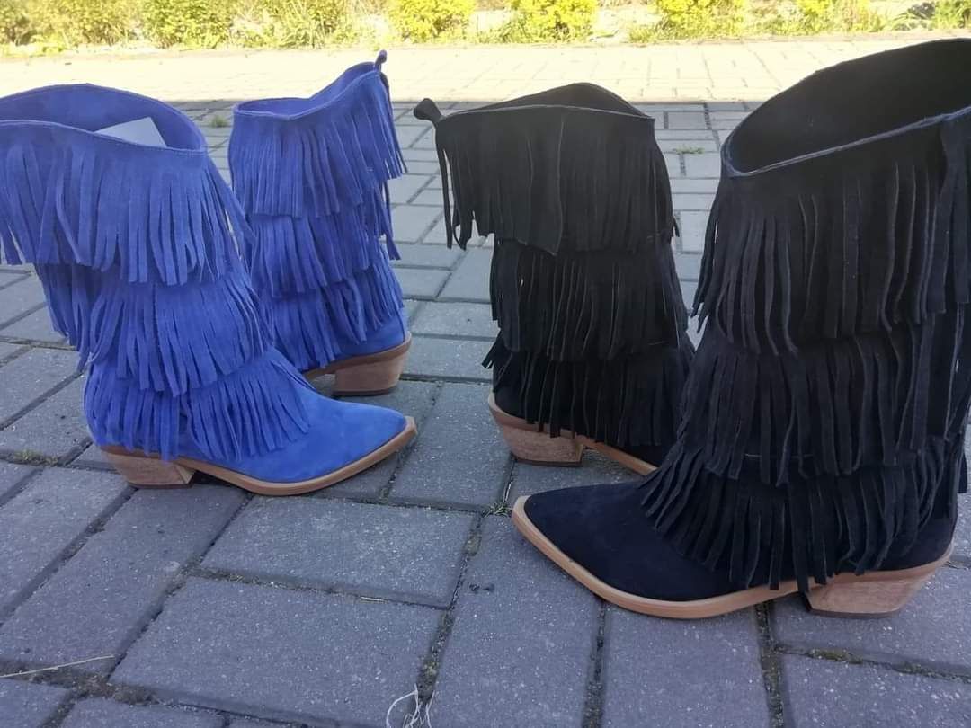 Eleganckie botki kowbojki z frędzlami naturalna skóra kolory