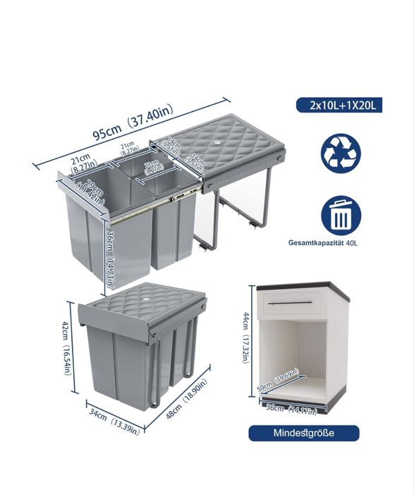 Kosz na śmieci do zabudowy segregacja 3 pojemniki 40L