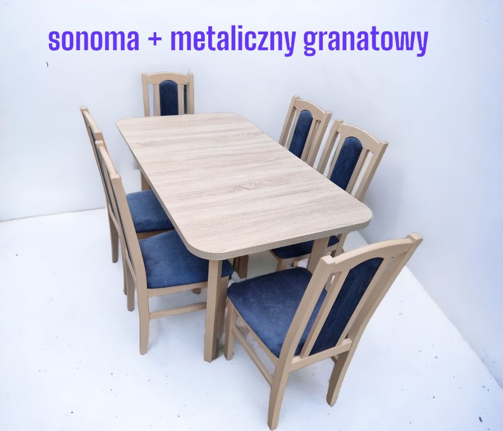Stół i 6 krzeseł, sonoma + metaliczny granatowy, NOWE OD RĘKI