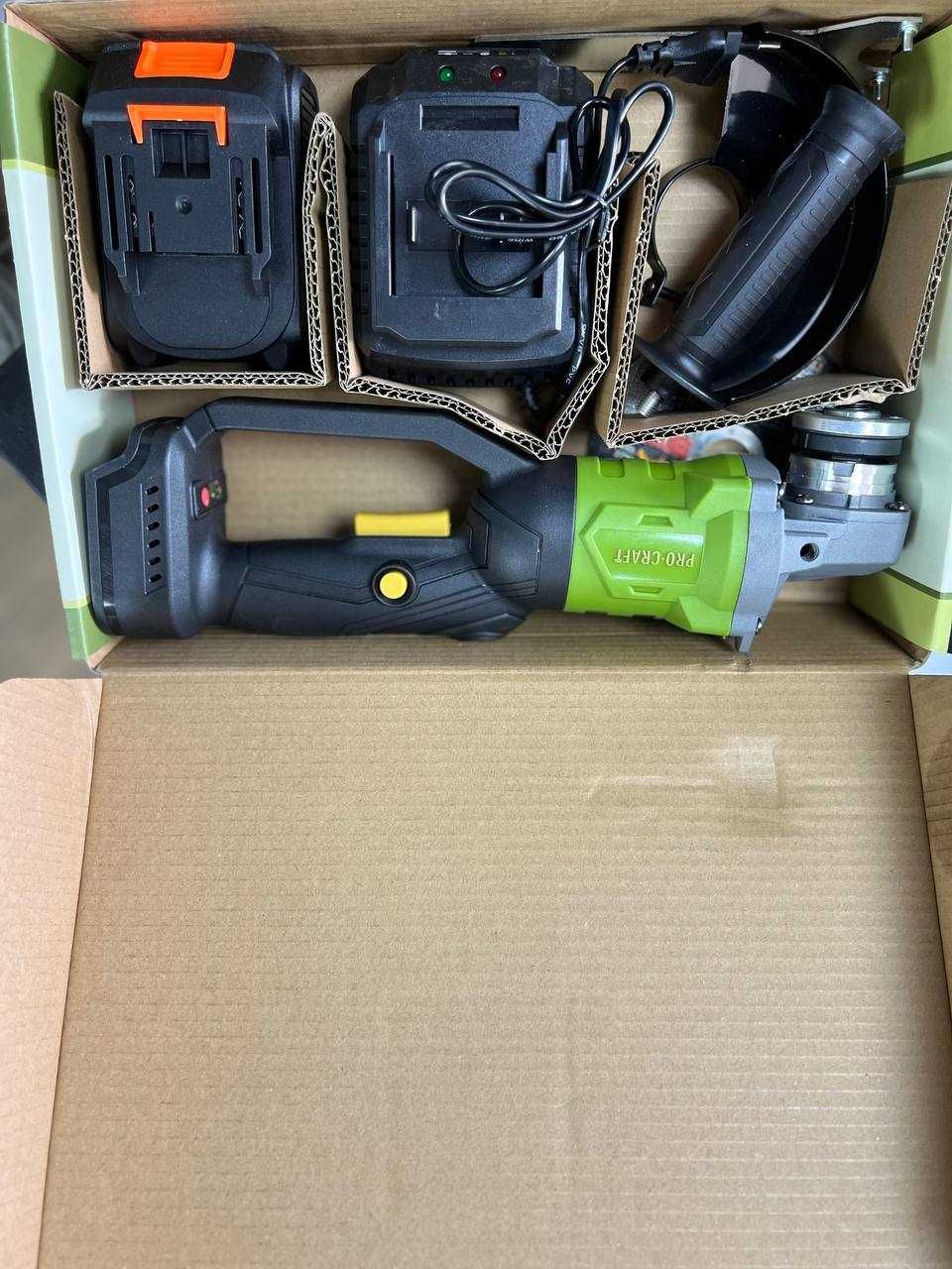 Акумуляторна безщіткова болгарка Procraft 1 АКБ 4А ЗП Повортна ручка