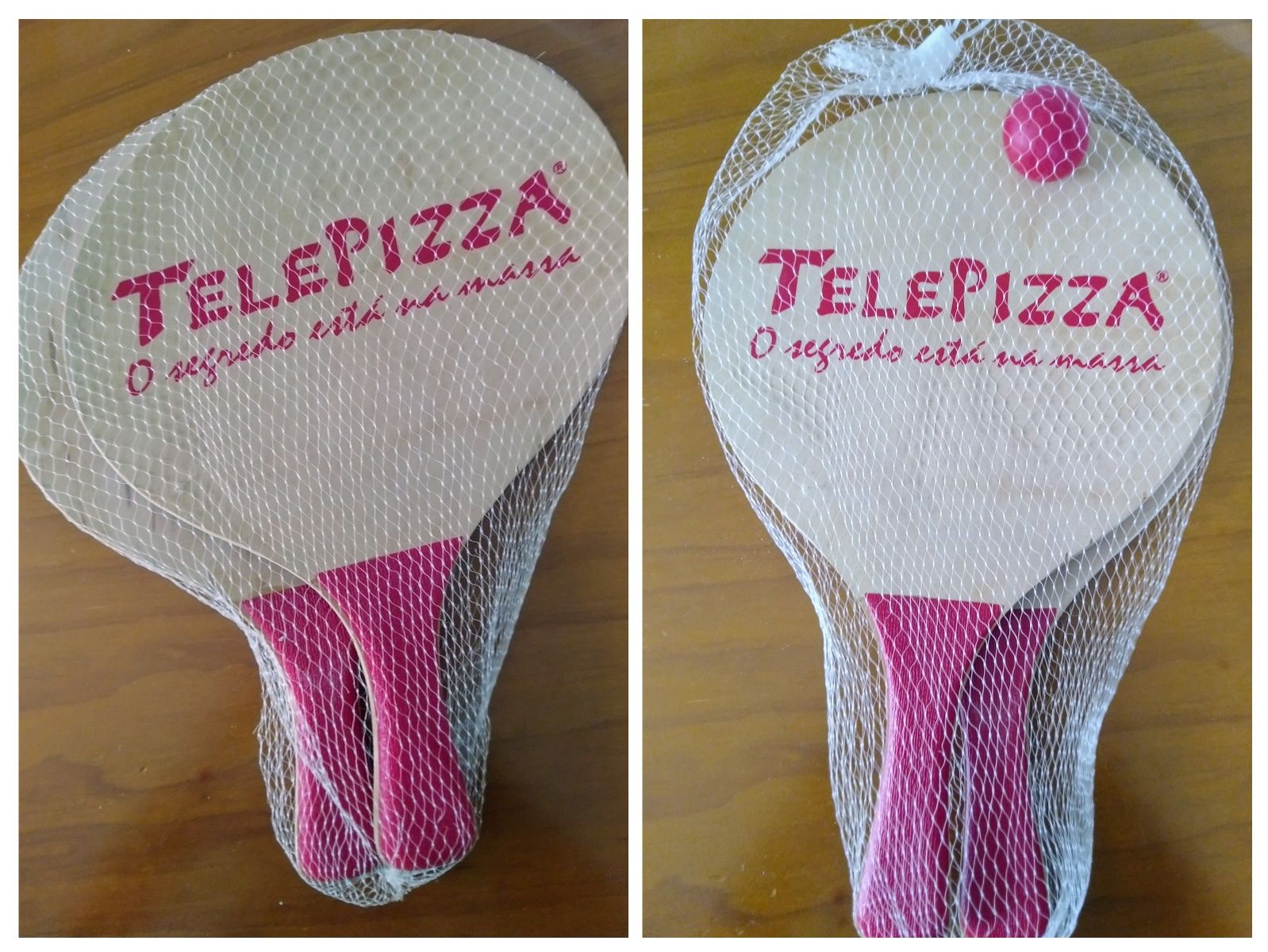 Raquetes de praia Telepizza, ainda embaladas.