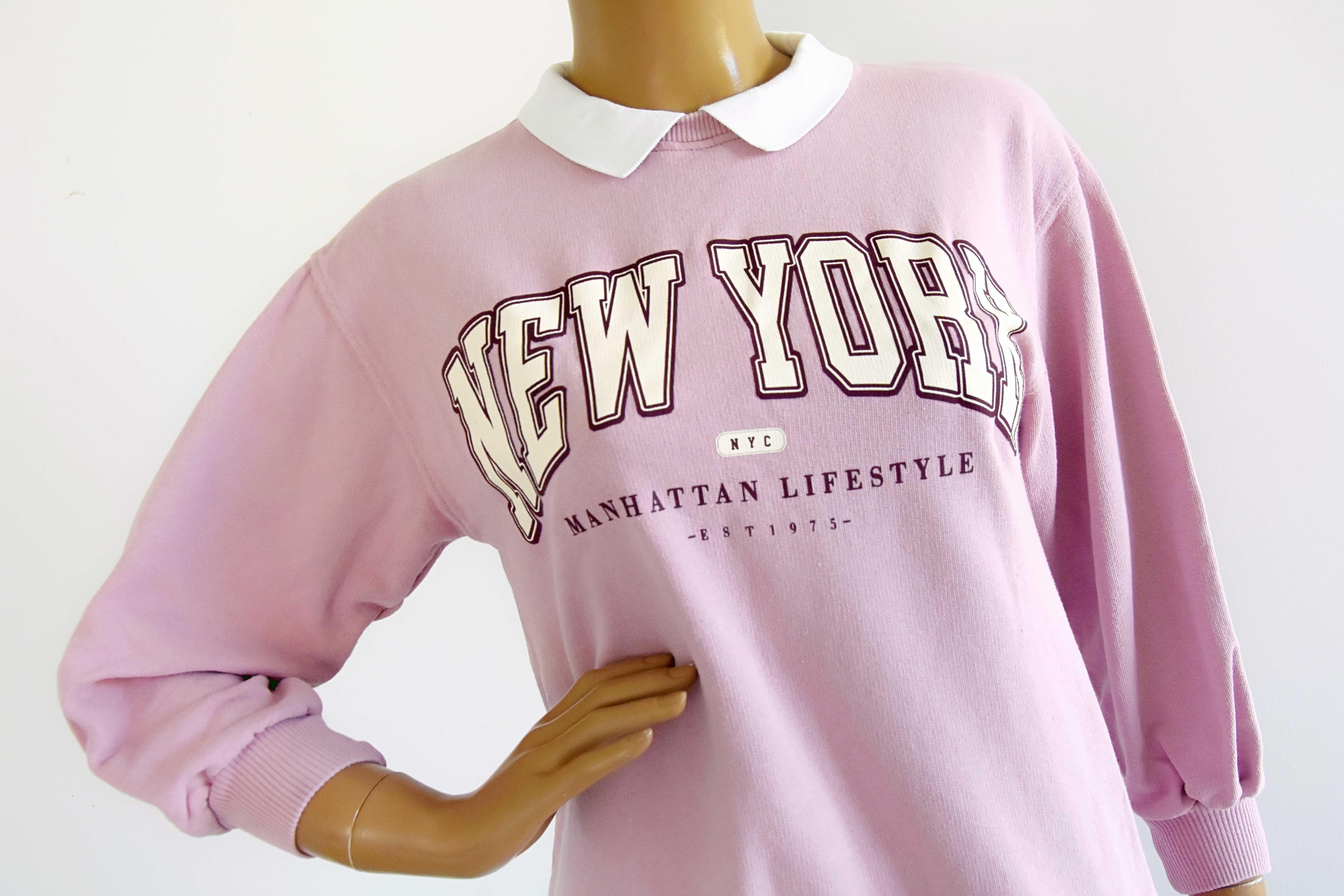 Liliowa bluza z kołnierzykiem napisem New York S 38