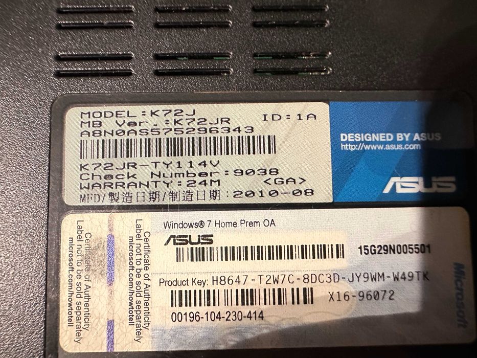 Portatil Asus K72J p/Peças Avariado