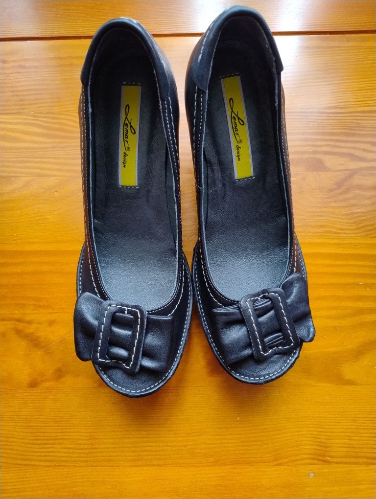 Czarne czółenka pantofle skóra lemar 37 nowe eleganckie buty skórzane