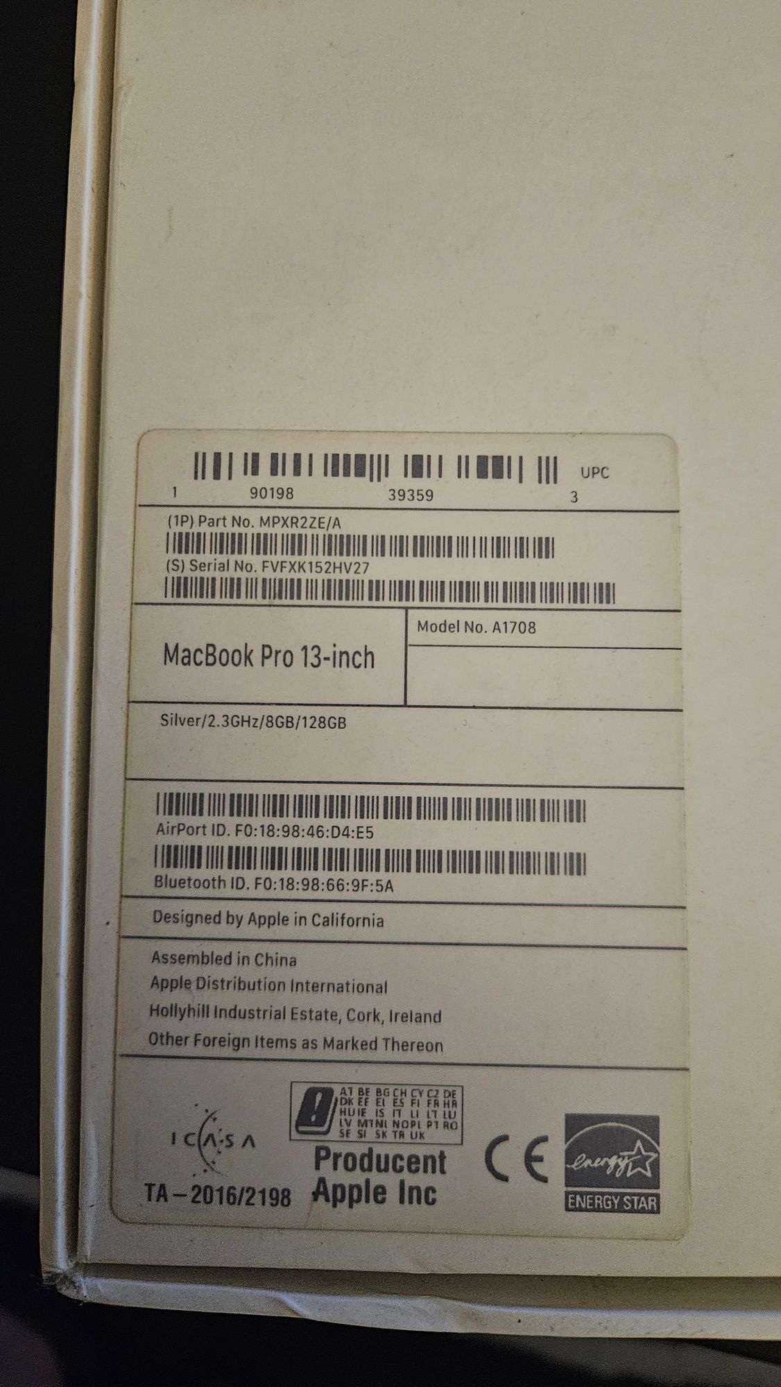 Macbook Pro A1708 i5 8GB RAM