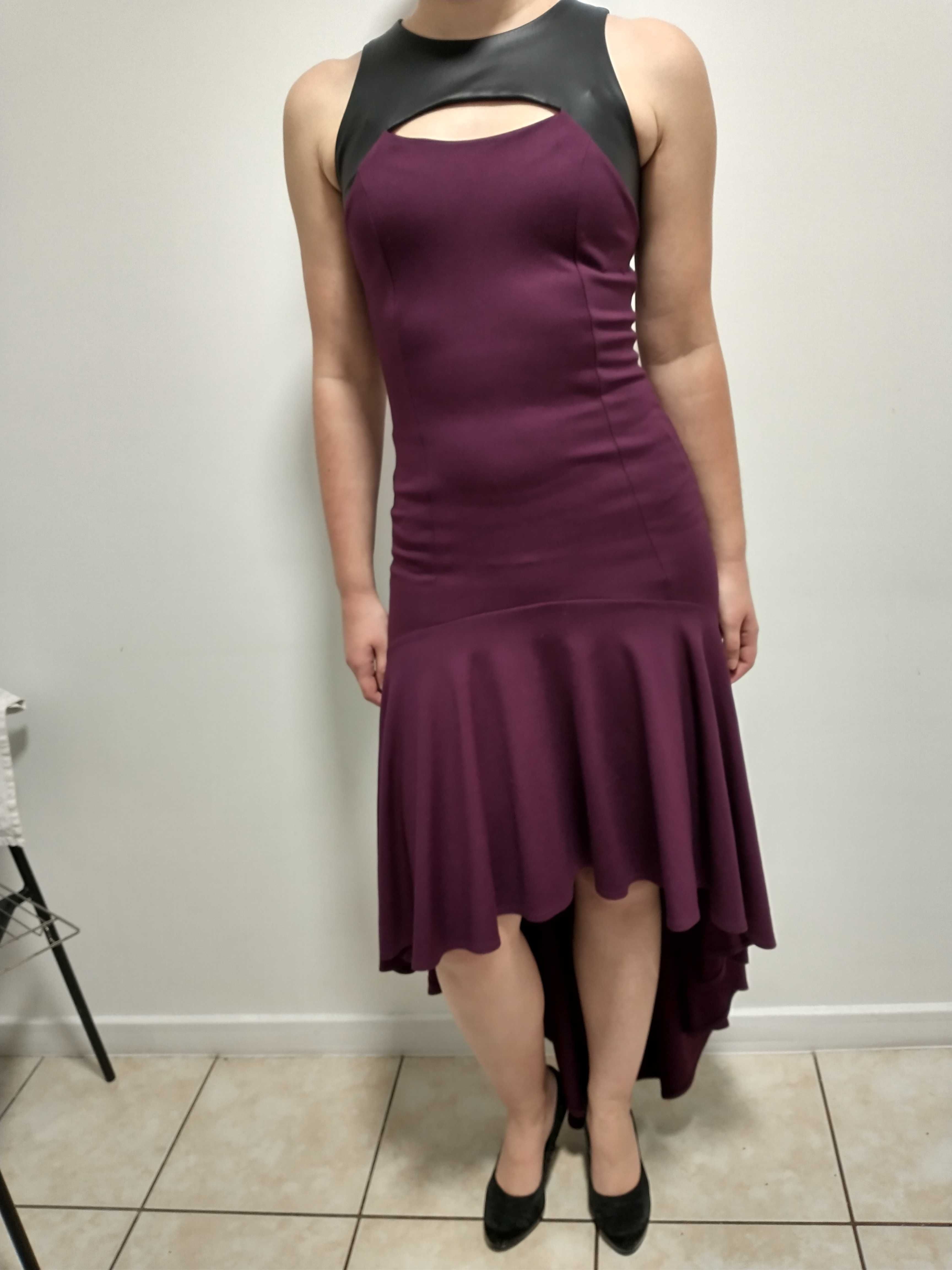 Sukienka fioletowa z elementami Ala skóra