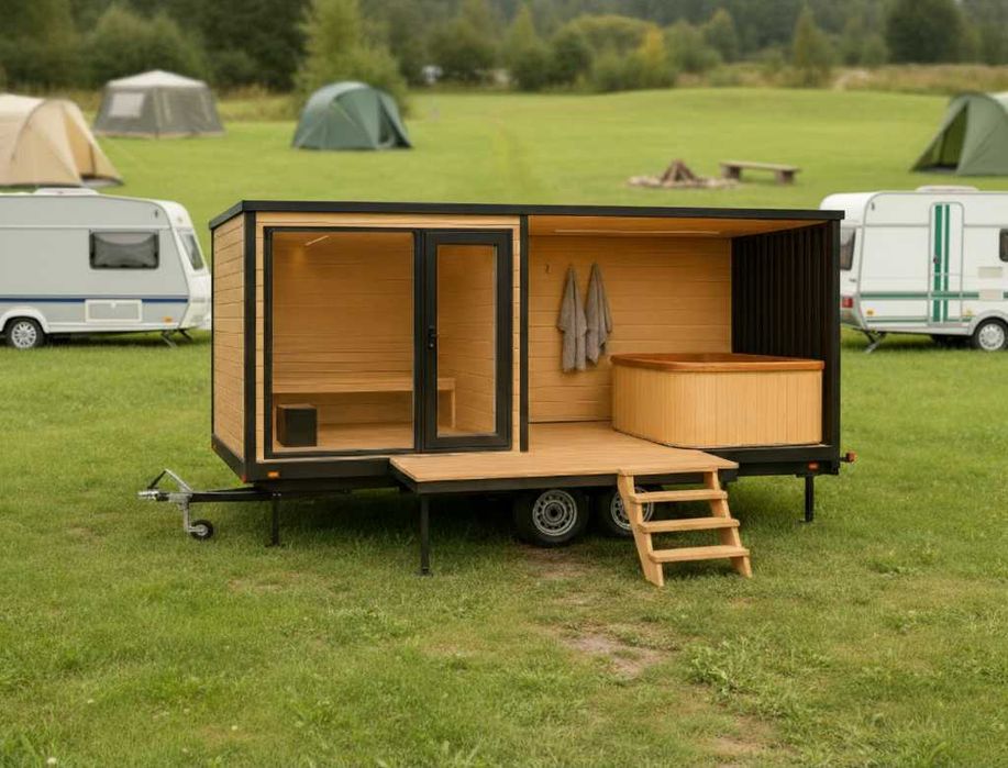 Mobilna sauna z jacuzzi piecem przyczepą schodki balia basen transport