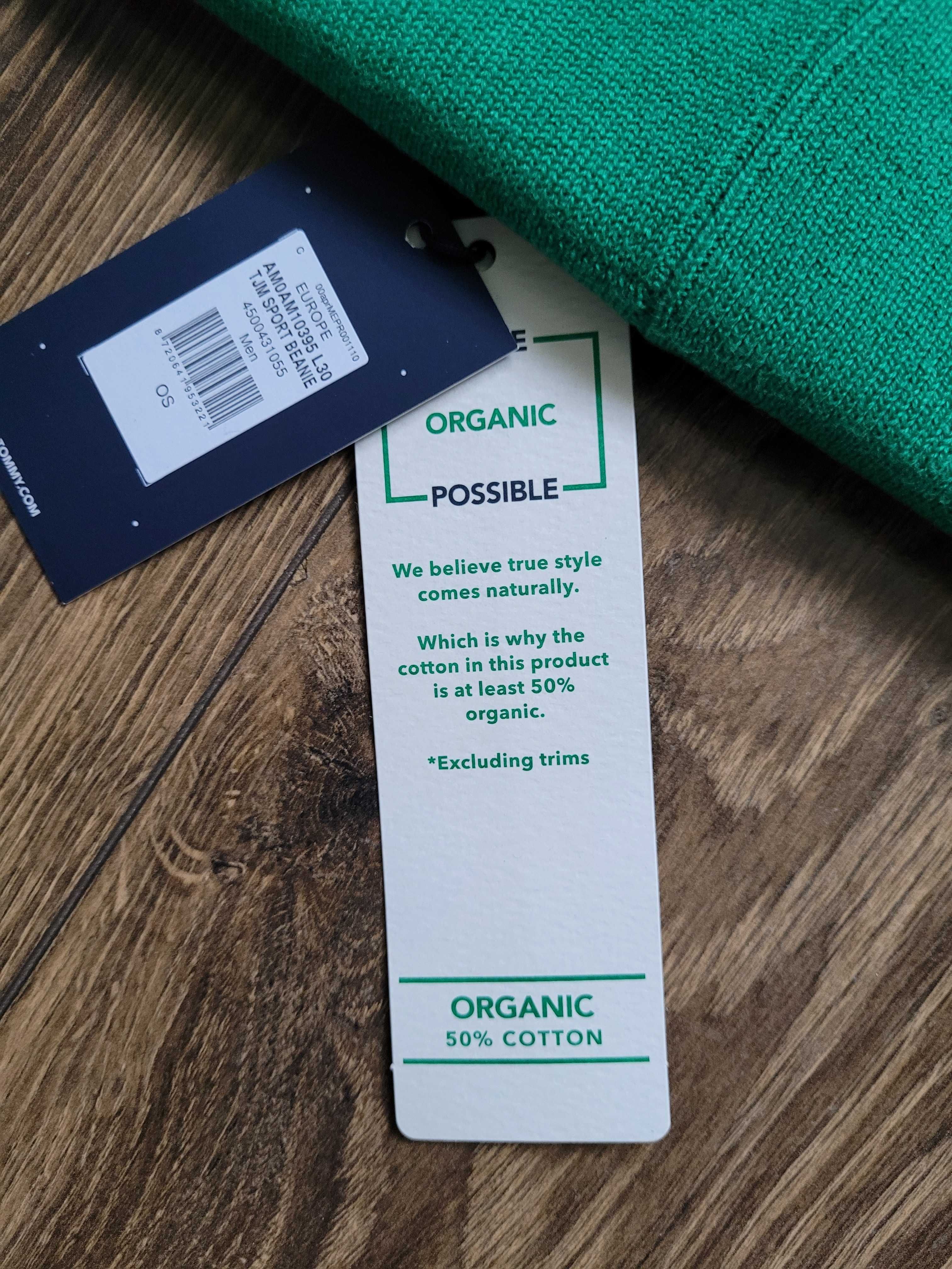czapka beanie Tommy Jeans zimowa z logo zielona bawełna sportowa NOWA