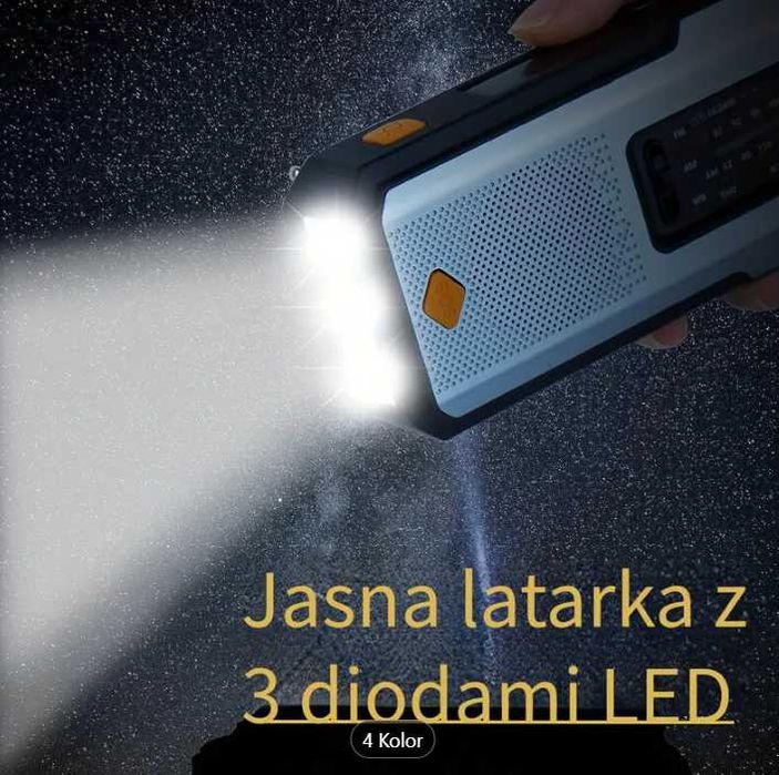 Radio Przenośne Powerbank 2000mAh Latarka Ładowanie Solarne, Korbowe