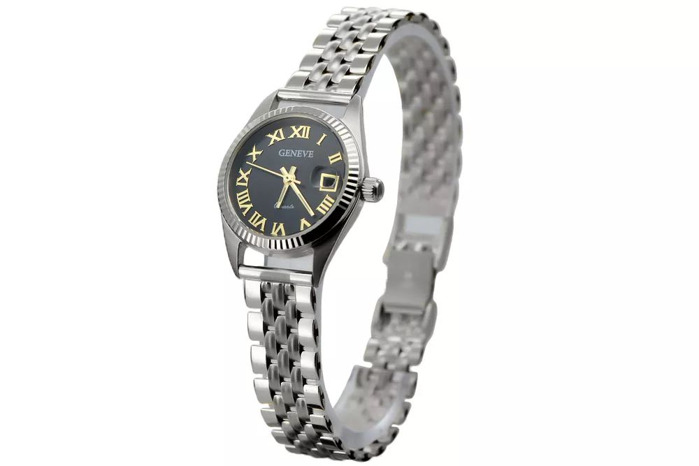 Zegarek damski z białego złota 14k z czarną tarczą lw020wdbc&lbw008w P