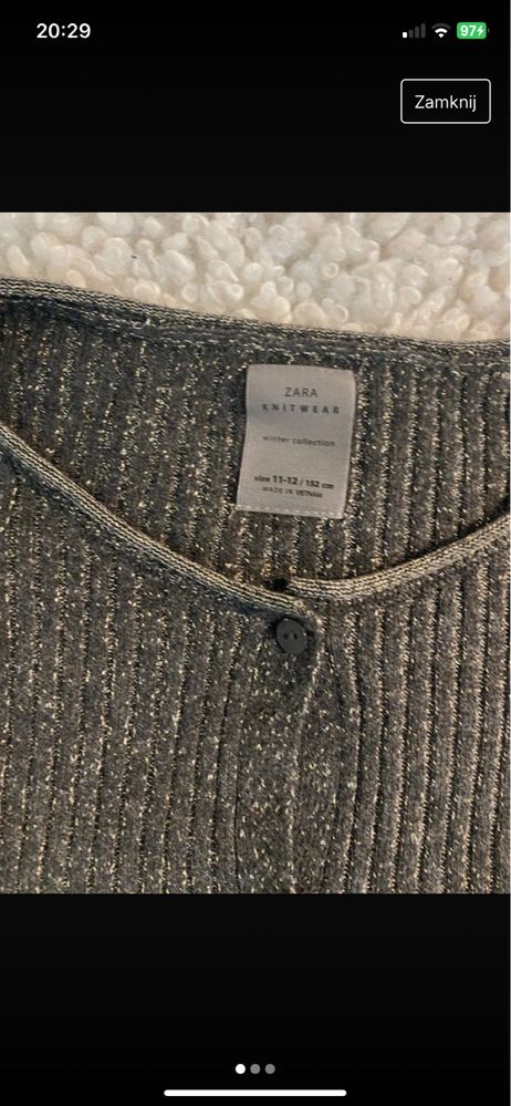 Kardigan zapinany sweterek szary z srebrną nitką Zara 152cm