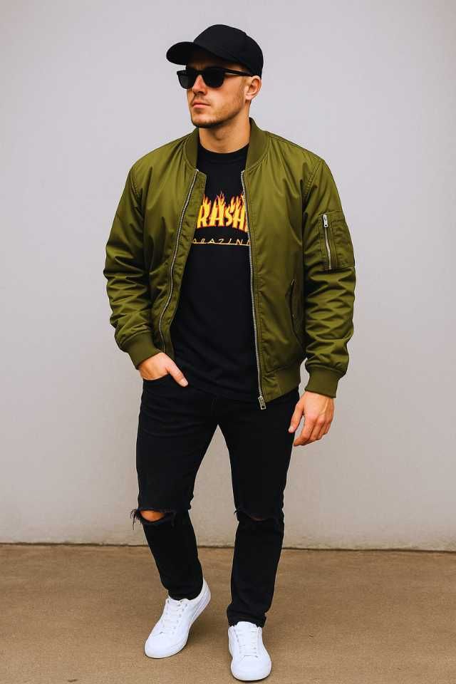 Kurtka bomberka Pull&Bear oliwkowa, rozmiar L, militarny styl