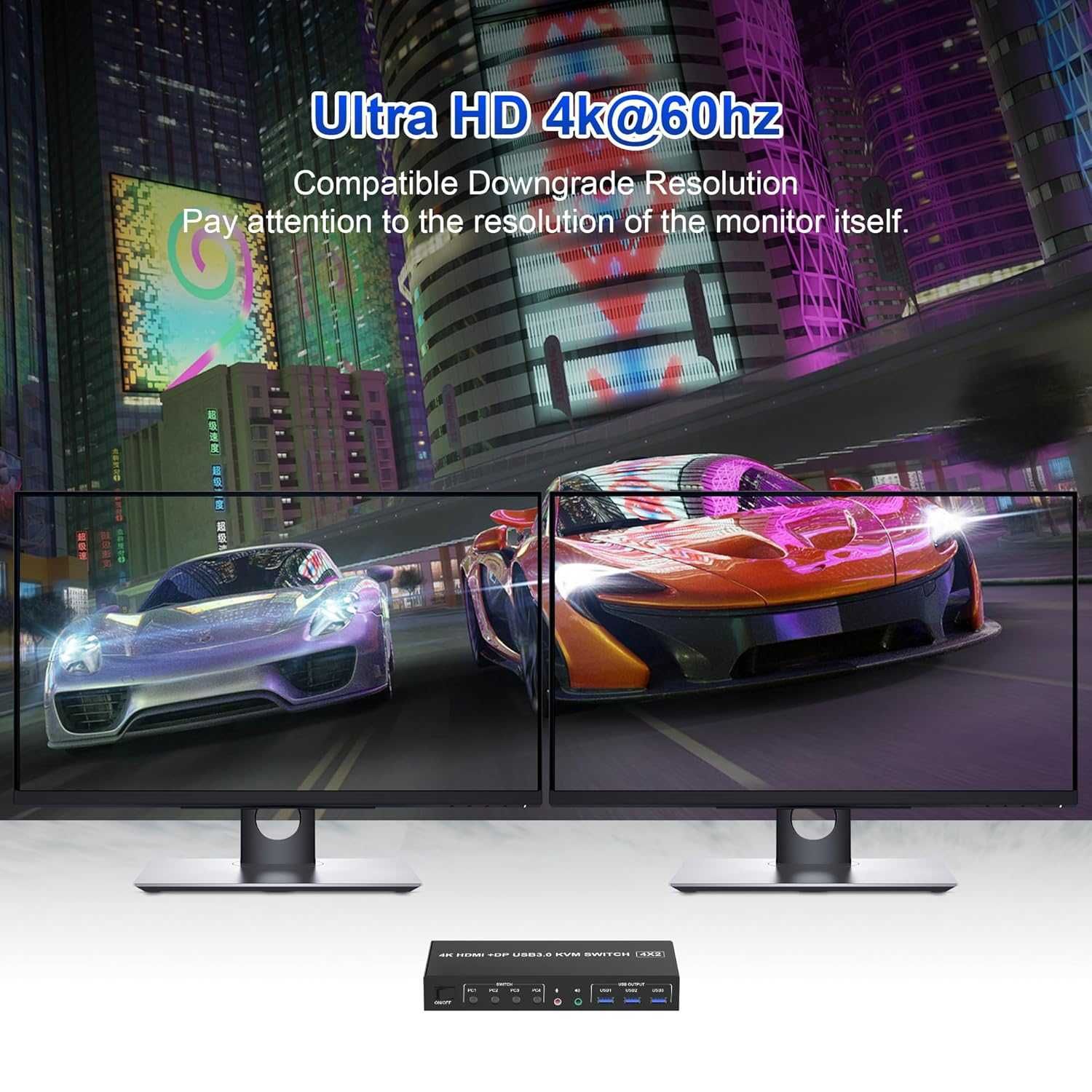 USB 3.0 4 port HDMI + Displayport KVM Switch Dual Monitor, 4K 60Hz
