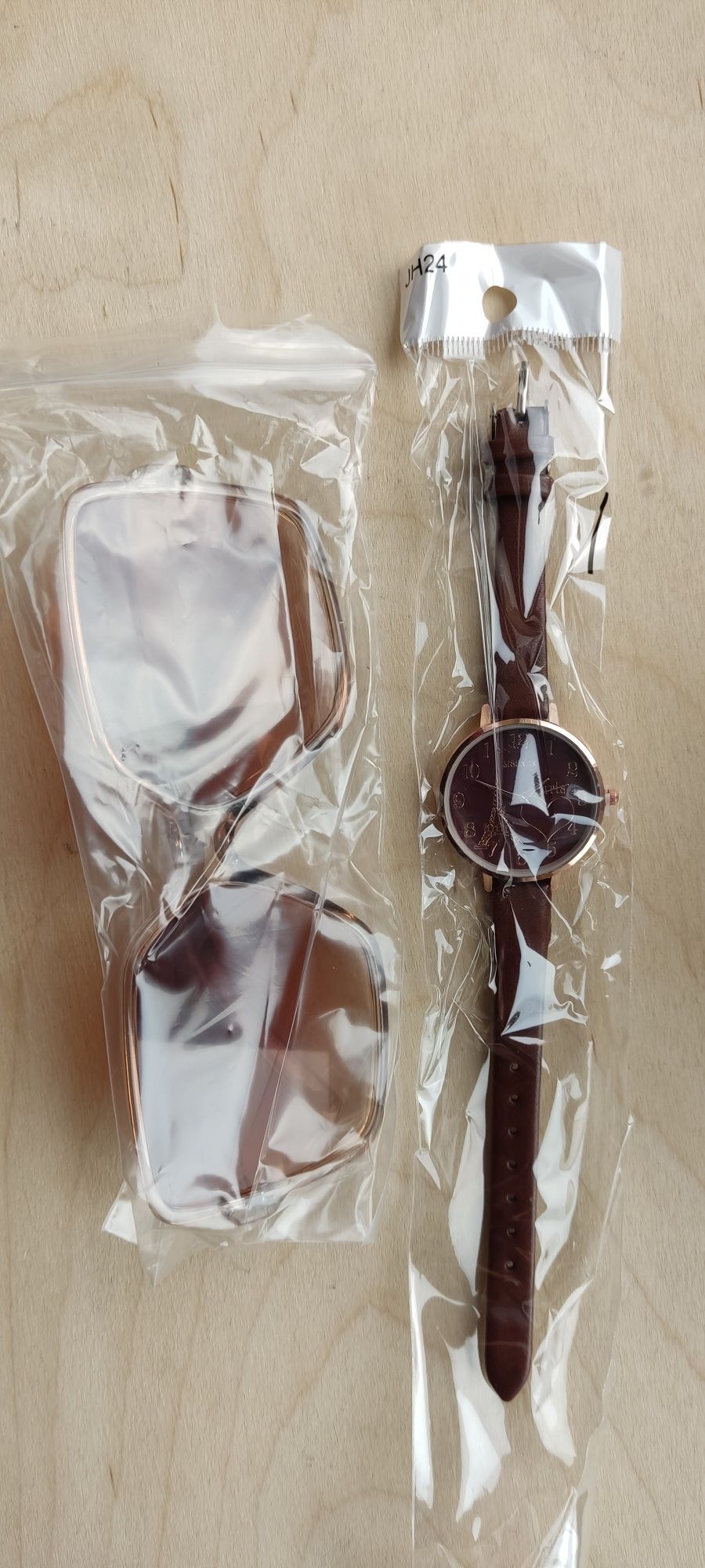Nowy zestaw okulary przeciwsłoneczne i zegarek damski brązowy