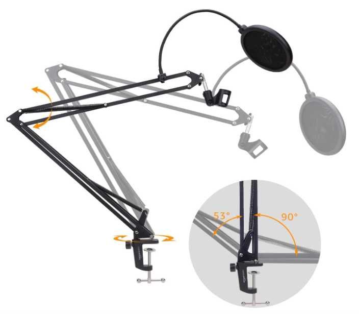 Suporte de microfone com braço e filtro pop, preto, c/ NOVO