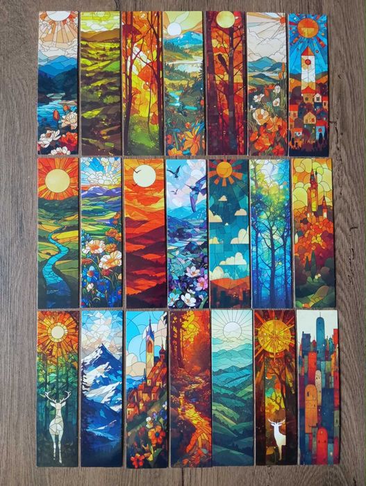 21 kartonowych zakładek do książek z krajobrazami w formie witrażu