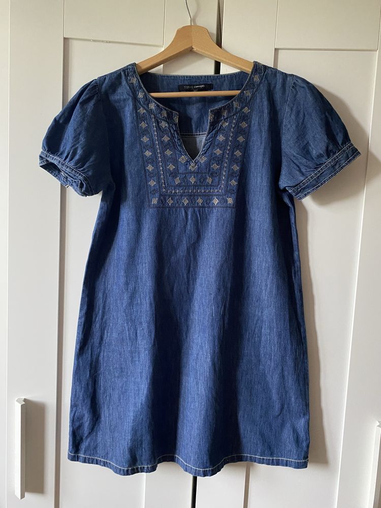 Jeansowa tunika boho z krótkim rękawem z lyocell S 36