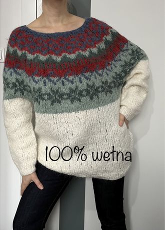 Piękny sweter w norweski wzór handmade wełna angora