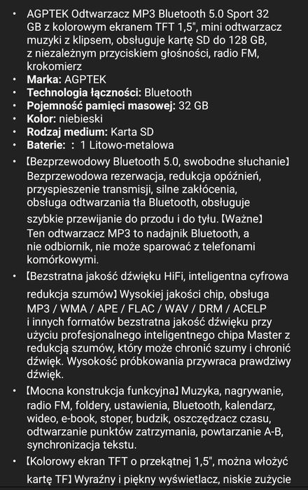 Odtwarzacz MP3 Bluetooth 32 GB