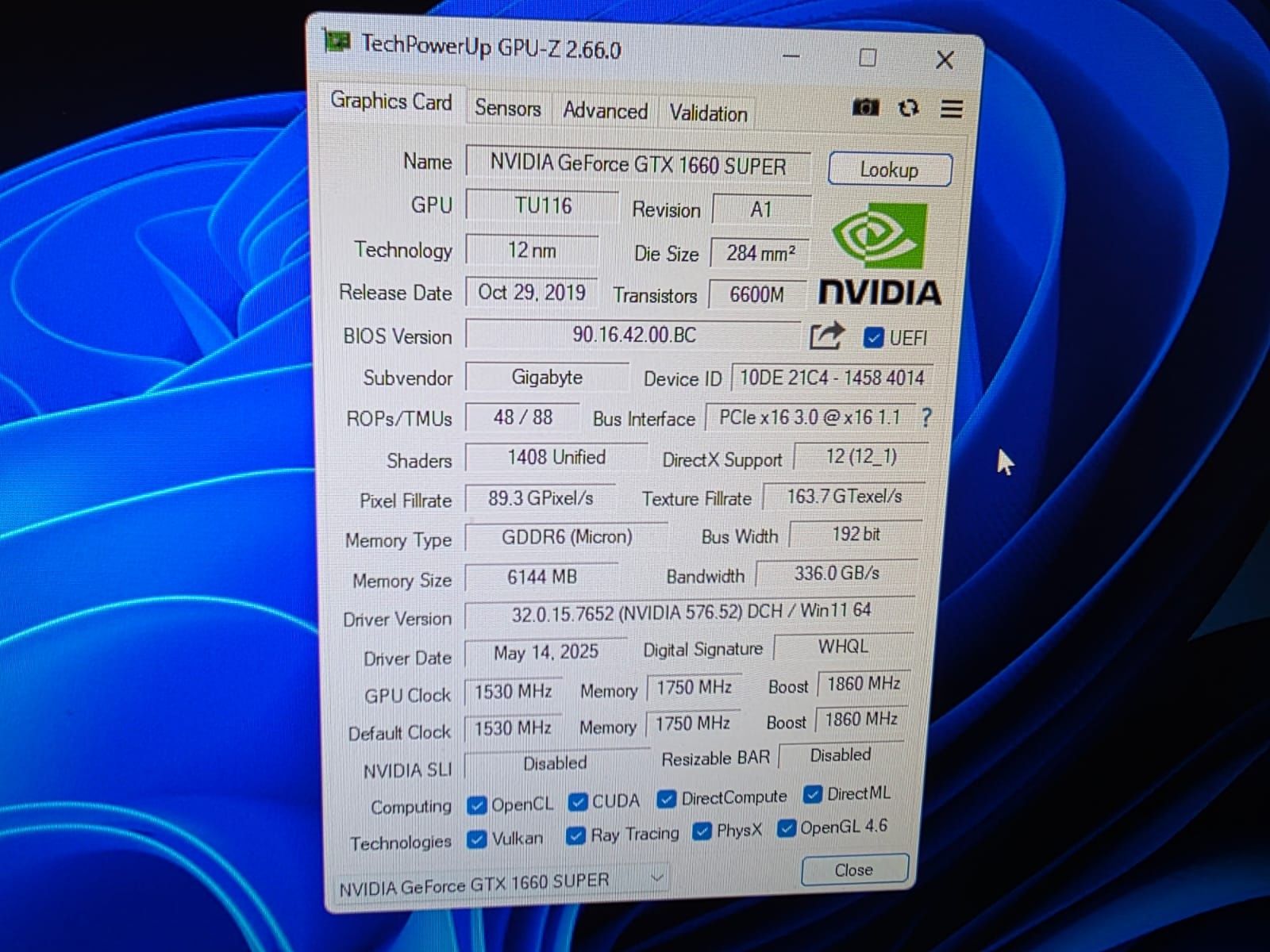 Gigabyte GTX 1660 Super OC 6 GB gddr6 192 bit