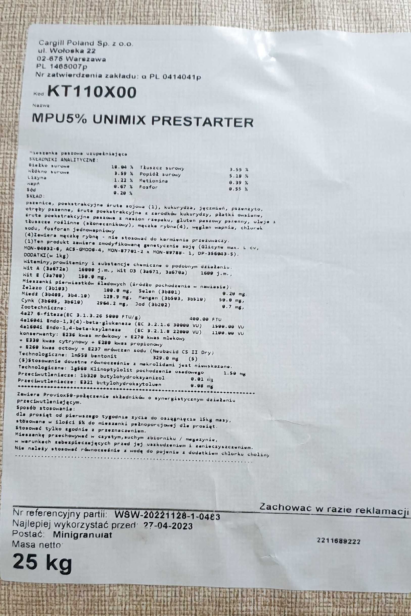 Unimix Prestarter MPU5% 25kg - mieszanka paszowa uzupełniająca