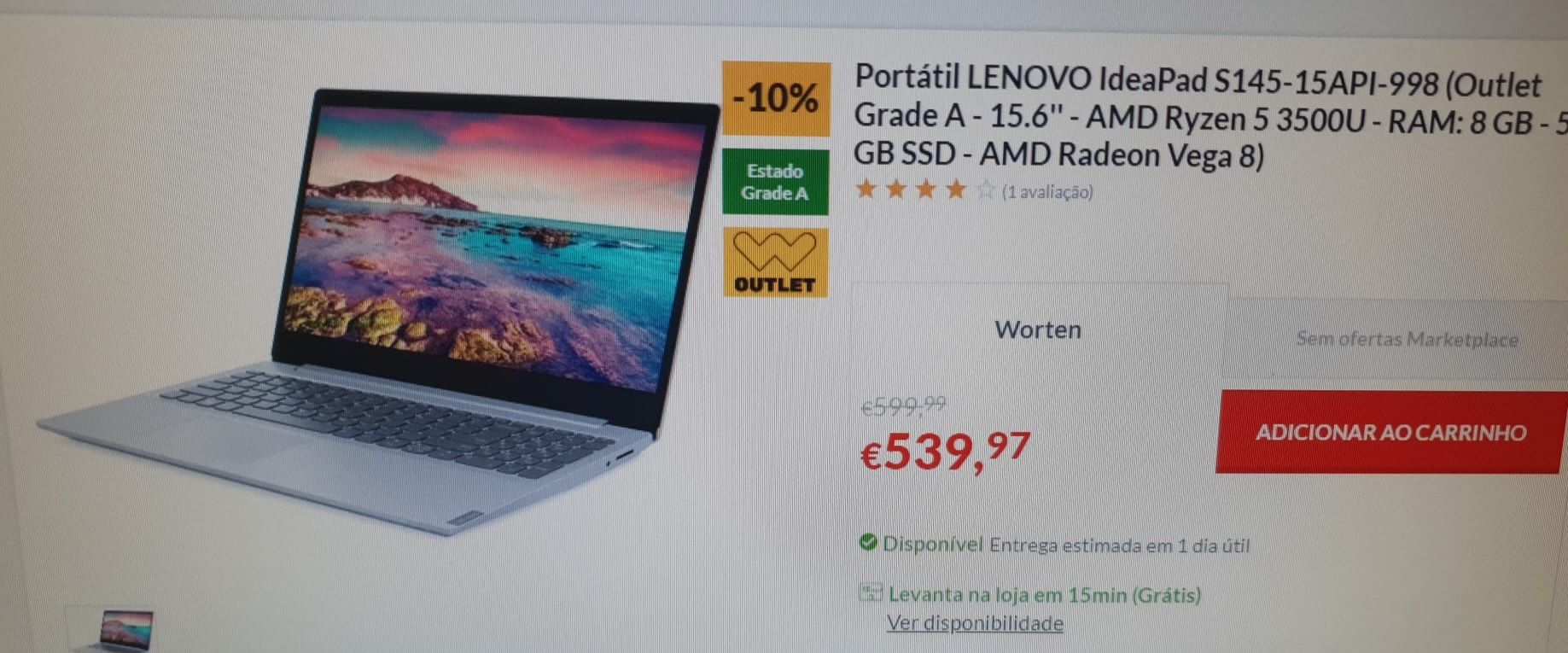 Portátil Lenovo Ideapad S145 Amd Ryzen 5 3500U 8Gb ram 512Gb SSD M2