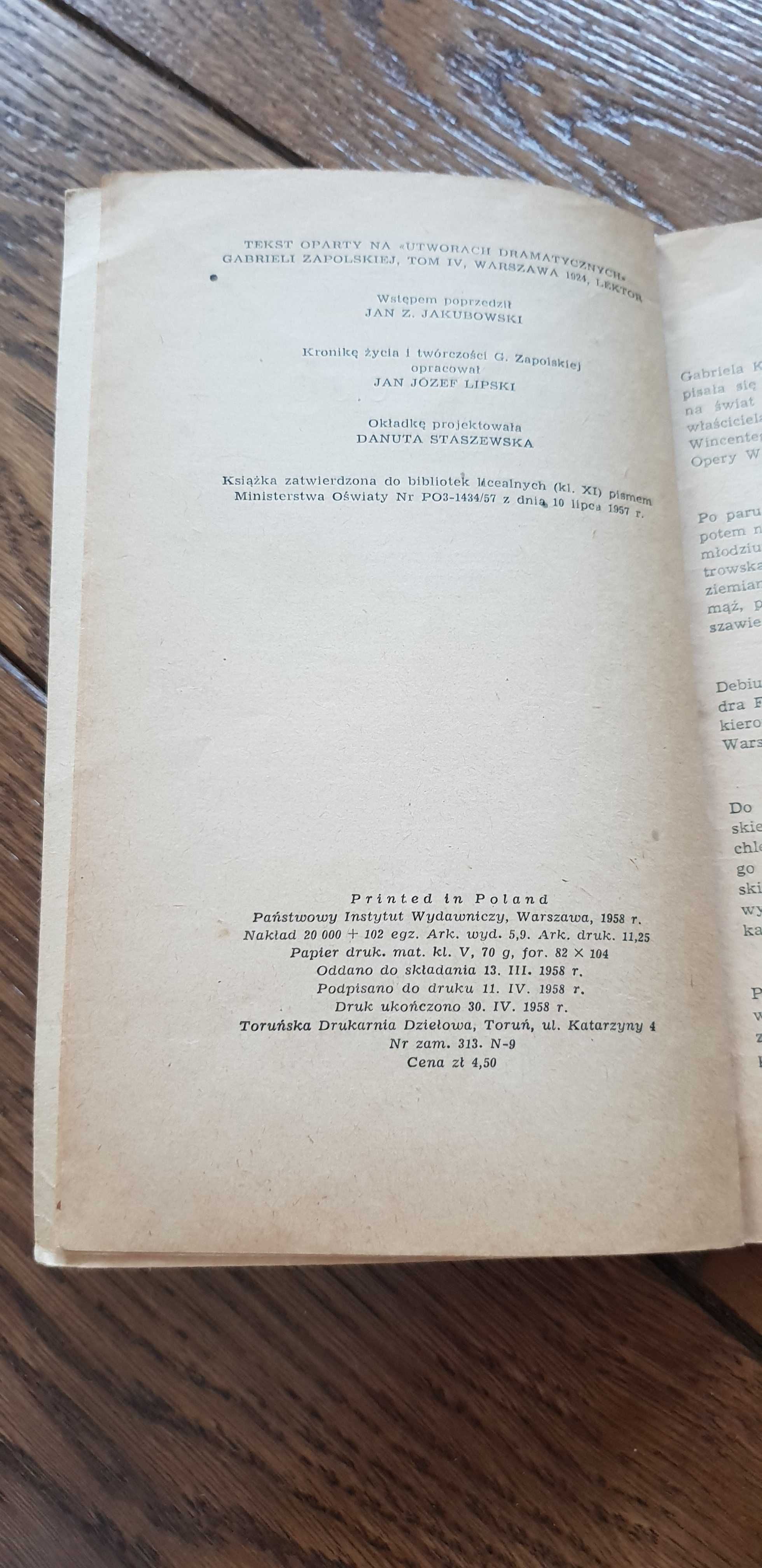 Książka rok 1958 "Moralność Pani Dulskiej" Gabriela Zapolska
