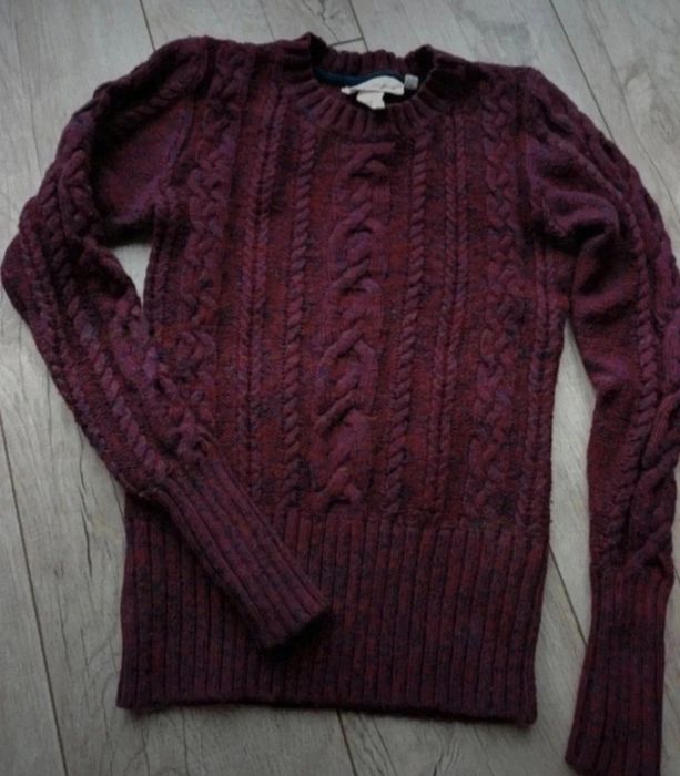 Sweter damski hm welniany bordowy warkocz cieply xs