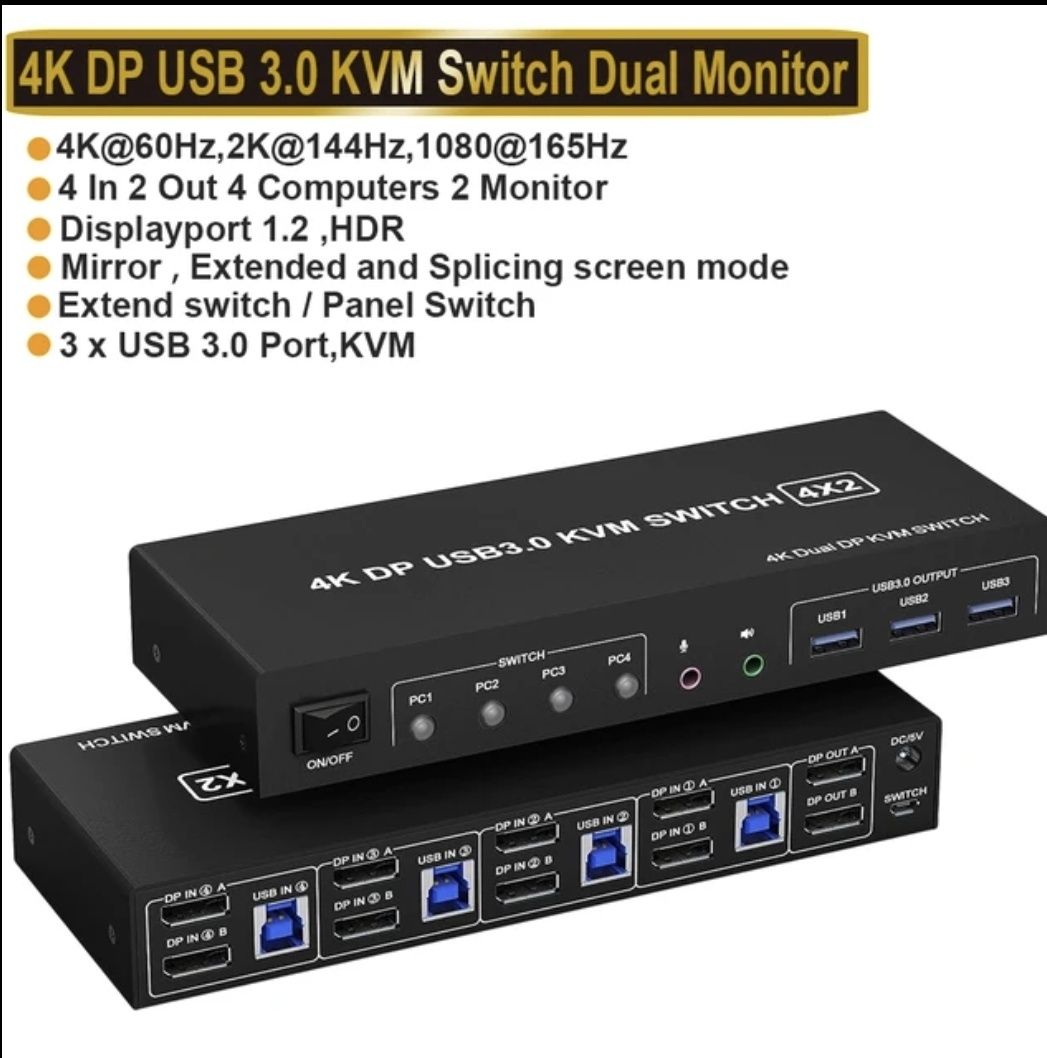 KVM Switch для підключення 2-х моніторів 4k 60Hz до 2-4-х комп'ютерів