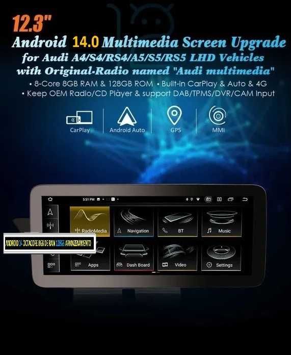 Auto-rádio 12.3" android 14 Audi A4/A5/B8/S4/S5 2009 a 2016