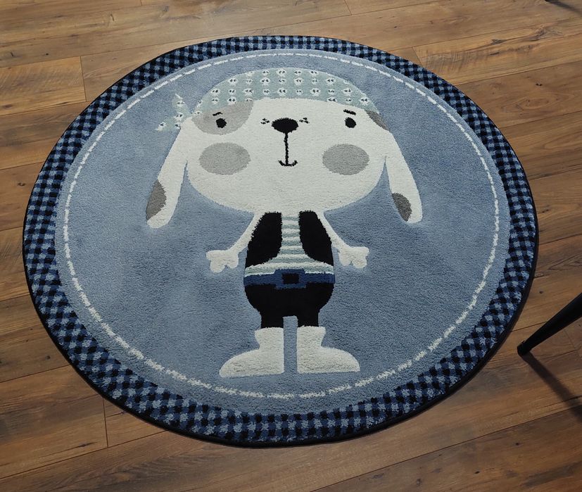 Śliczny dywan dziecięcy okrągły niebieski PIRAT koło 120 cm dla chłopc