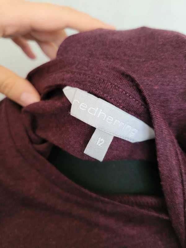 Bordowa śliwkowa bluzka z długim rękawem marszczona L 40 wiskoza