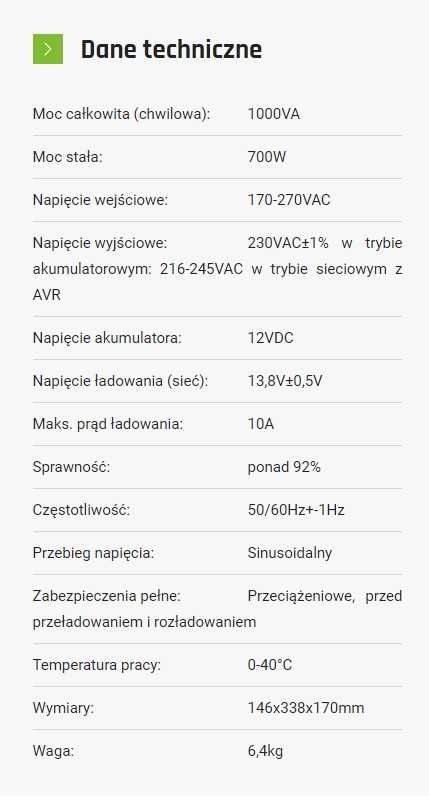 Zasilanie awaryjne Volt Polska sinus PRO 1000E