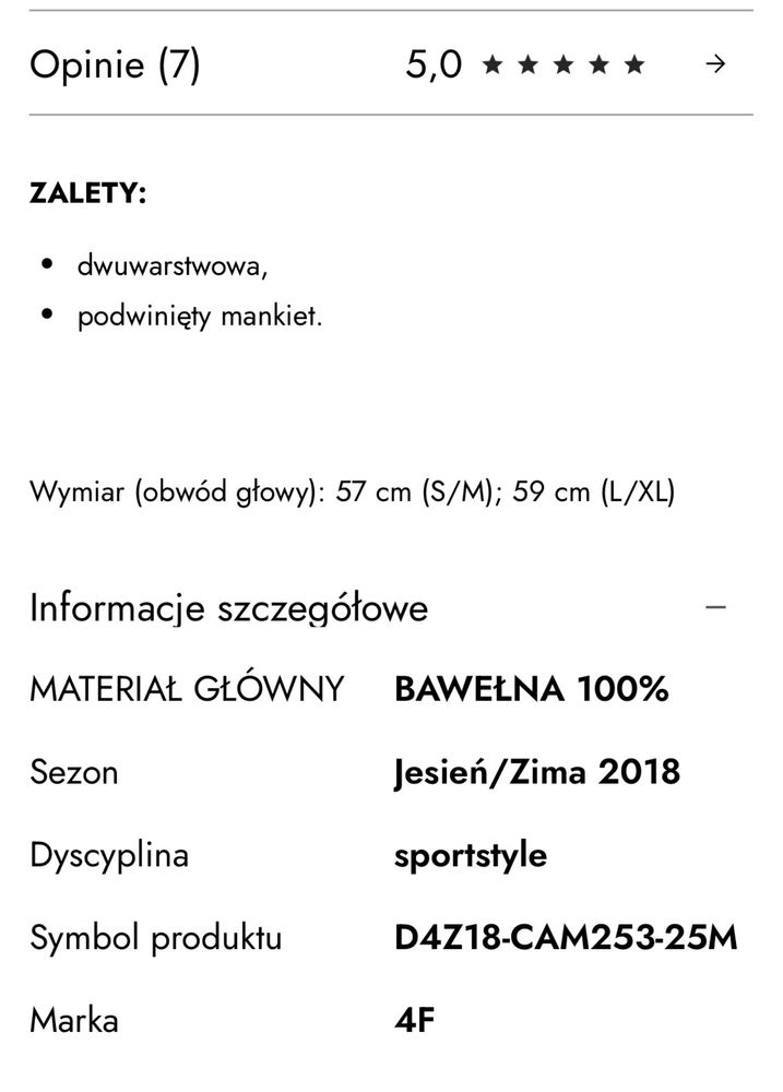 Ciepła czapka 100% bawełna, dwuwatstwowa, 4F, S/M, męska. młodzieżowa.