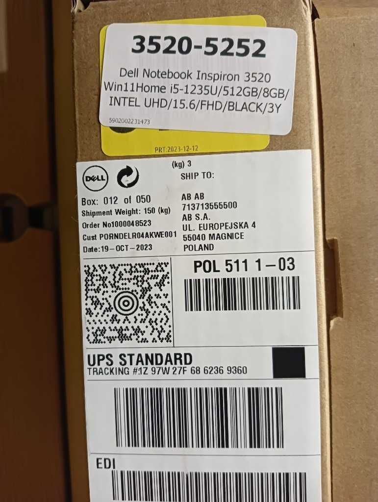 Laptop Dell Inspiron 3520 15,6" i5-1235U 8GB RAM 512GB Dysk SSD