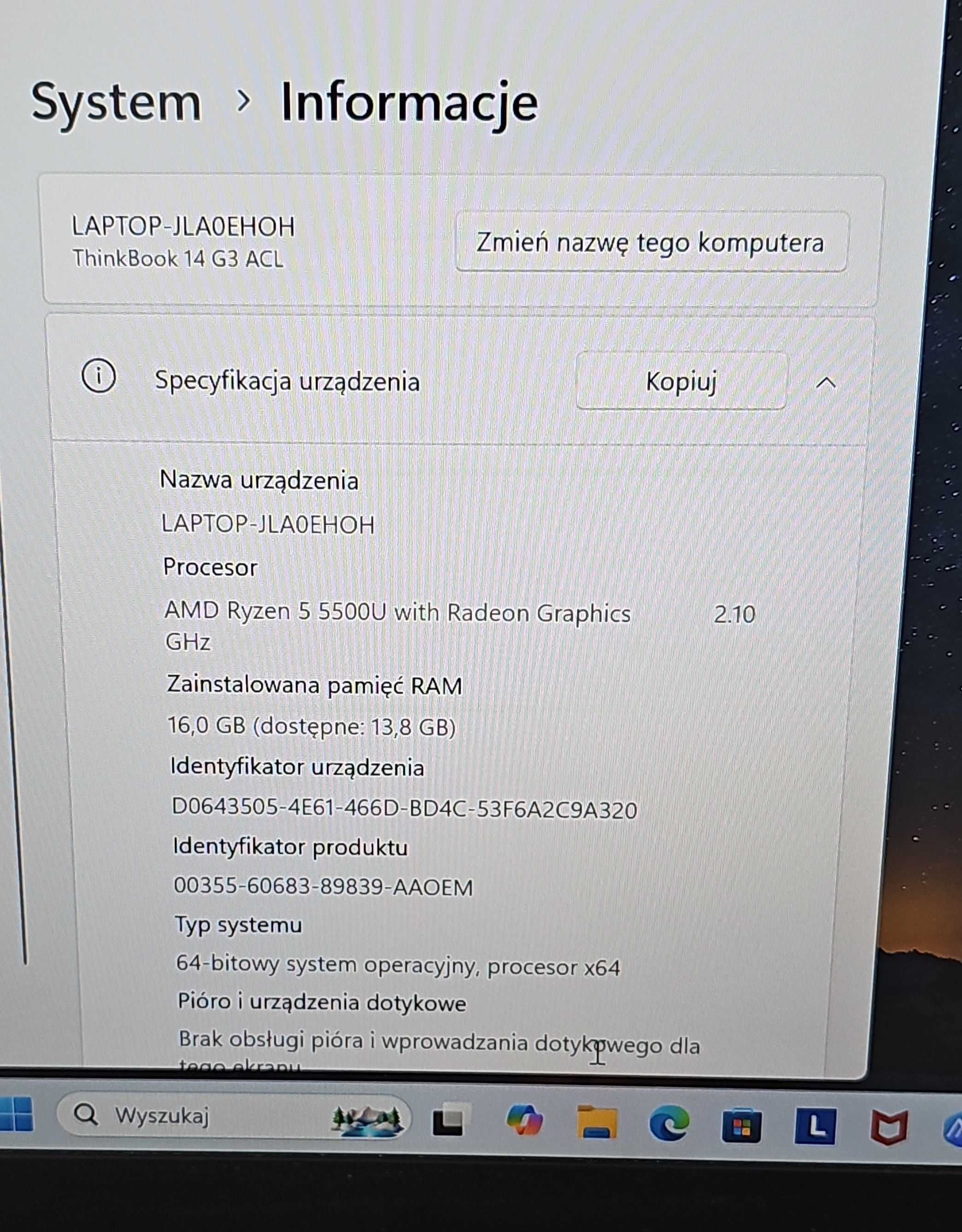 Lenovo ThinkBook 14 G3 ACL 14' Ryzen 5 5500U 2.1 GHz 16GB 512GB szary