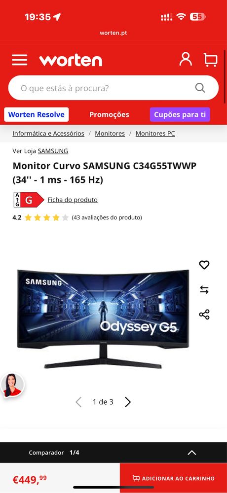 Monitor Curvo 34 polegadas - SAMSUNG C34G55TWWP -