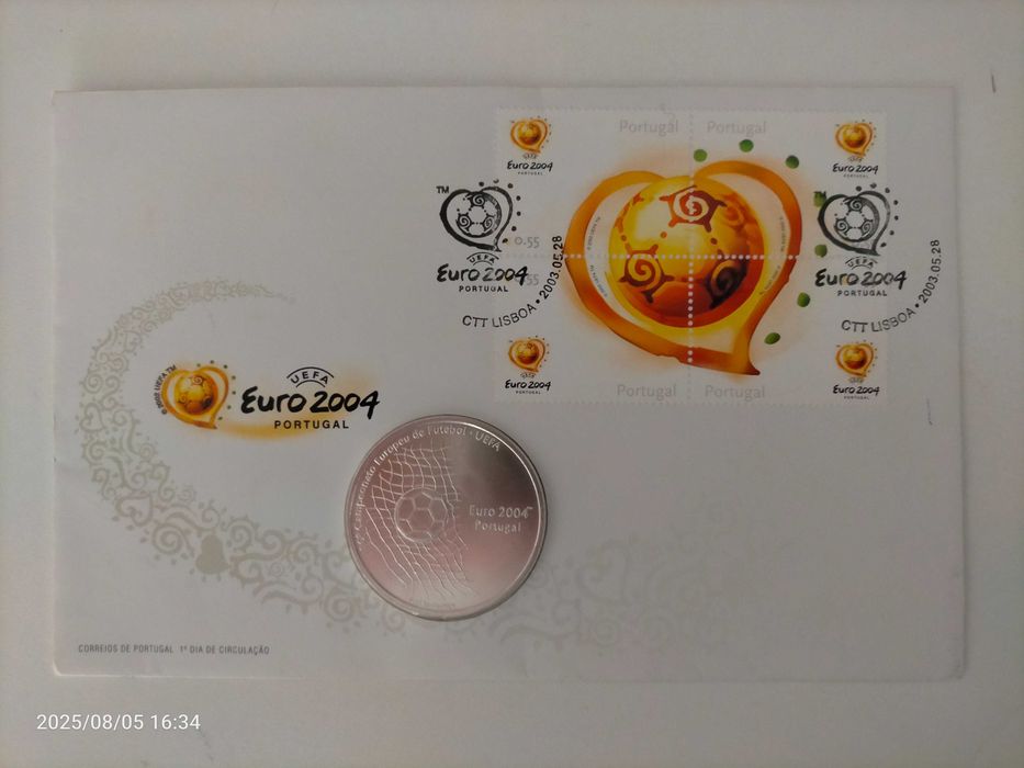 selos euro 2004 e envelope alusivo com selos e moeda de mil escudos