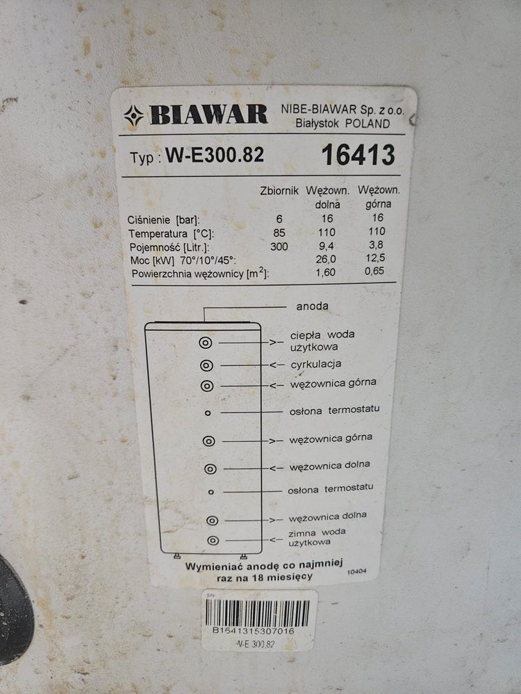 Biawar terma W-E 300.82 z dwiema wężownicami, pojemność 300l