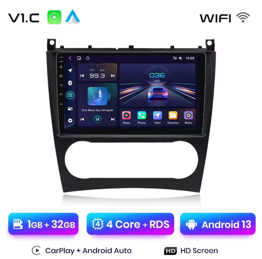 Rádio 9" Mercedes W203 Carplay Android Auto GPS 1/32GB + CANBUS NOVO