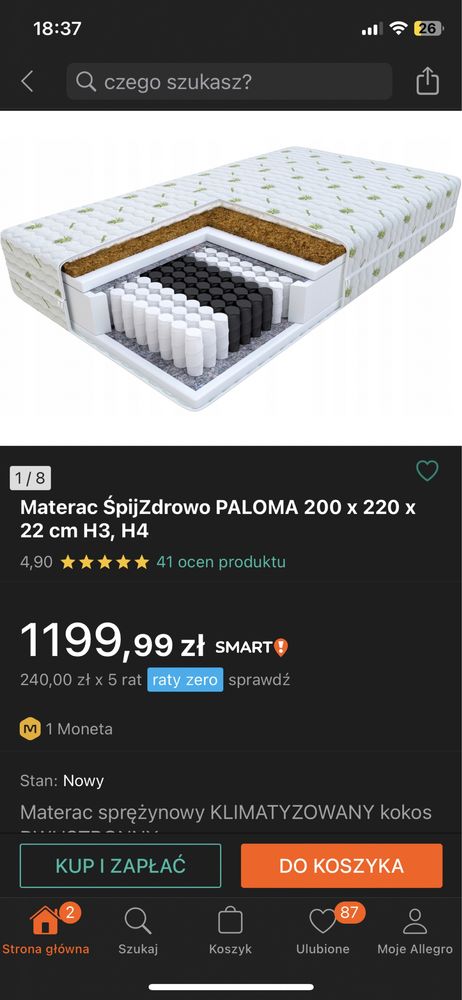 Materac 200/220 Nowy pomyłka rozmiaru w zamówieniu