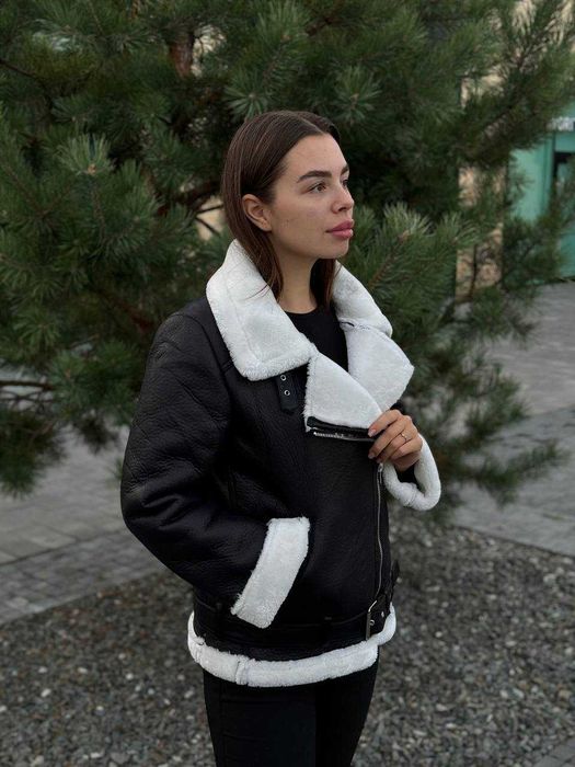 Дублянка жіноча S-XL з еко-хутром чорна білий комір до -10 градусів