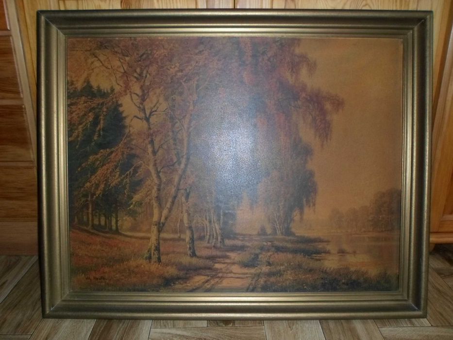 Willy Hanft „Birkenweg niedaleko Winsen” stary oleodruk w złotej ramie