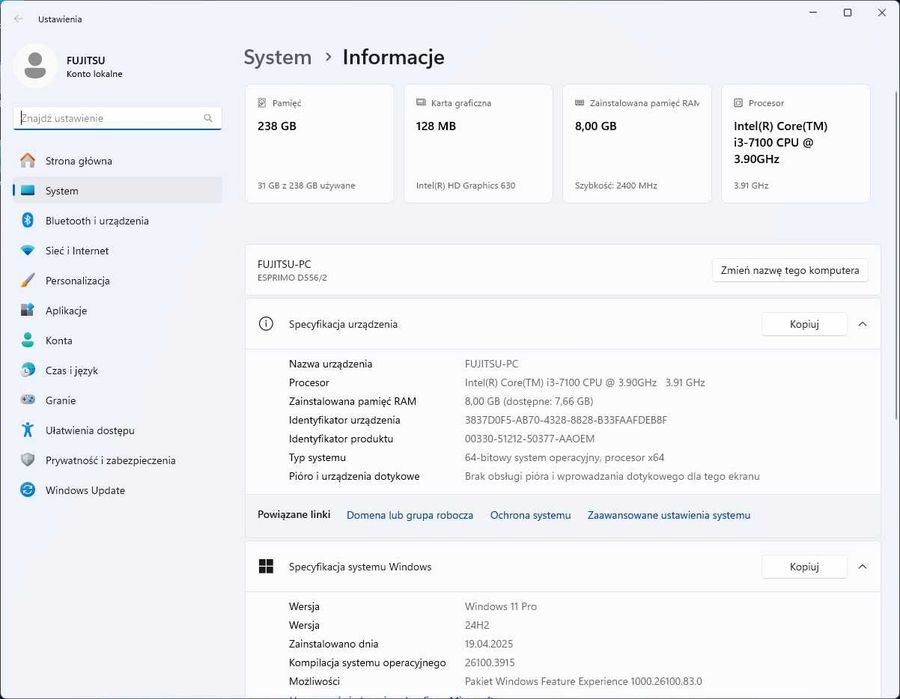 Komputer PC FUJITSU Esprimo D556 i3-7100/8GB DDR4/256GB SSD/DVD/Win11
