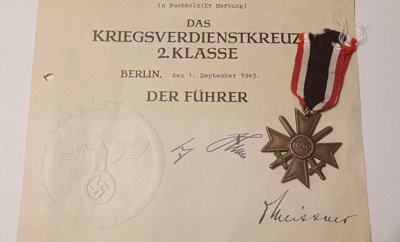 Militaria de Trincheira Werhmatch Cruz de Mérito Espadas Certificado