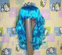 Парик маскарадный Голубой с челкой волнистые волосы длина до 60см