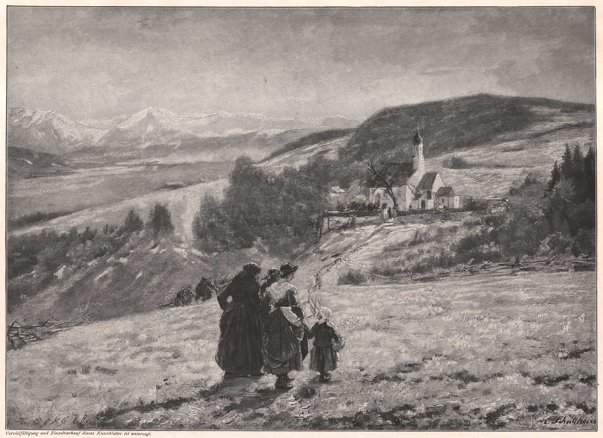 Pejzaż: Niedzielny poranek. Drzeworyt ilustracyjny 1906 r. autentyk