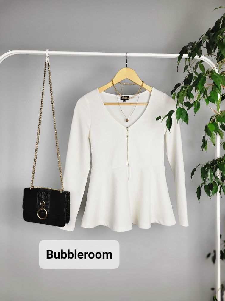 Biały elegancki żakiet marynarka damska z baskinką Bubbleroom S