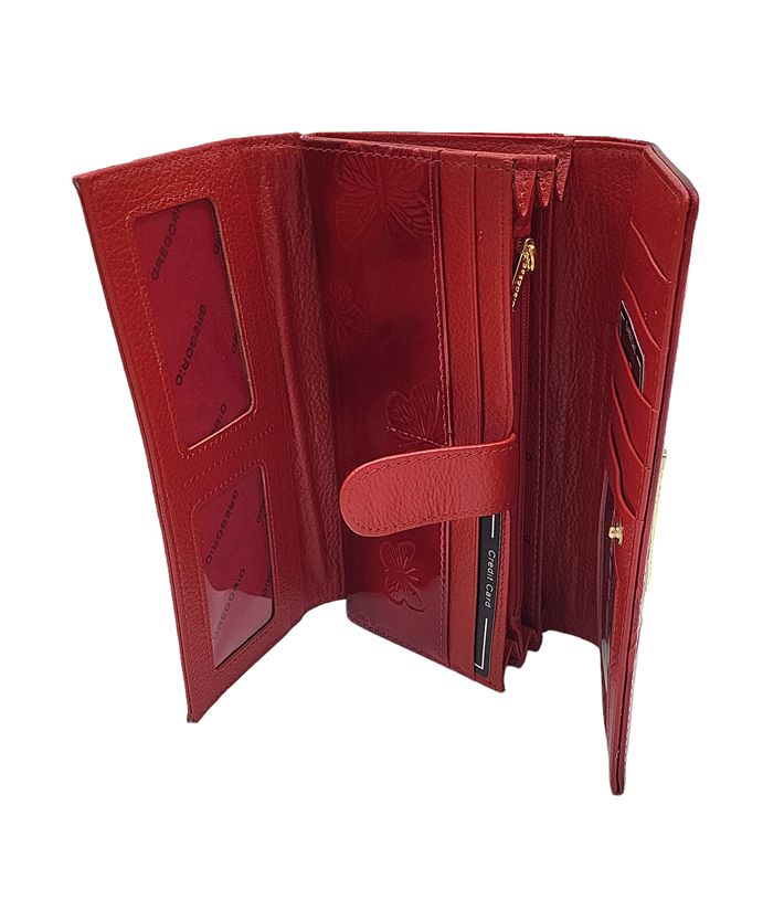 Duży portfel damski skórzany GREGORIO czerwony lakier motyle
