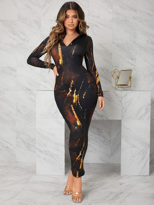 Sukienka Maxi Tie Dye Sexy Obcisła Dopasowana Ołówkowa Na Zamek M 38